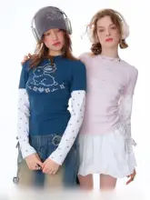 春夏アメリカンヴィンテージ風 ピクセルラビットプリントの星柄長袖Tシャツ（セットアップ対応）