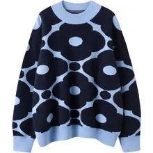 鮮やかな配色の青い小花柄カシミヤニットセーター【ゆったりシルエット・厚手】