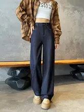 深い青色のストレートデニムパンツ【ハイウエスト・スリムフィット・ワイドレッグ】