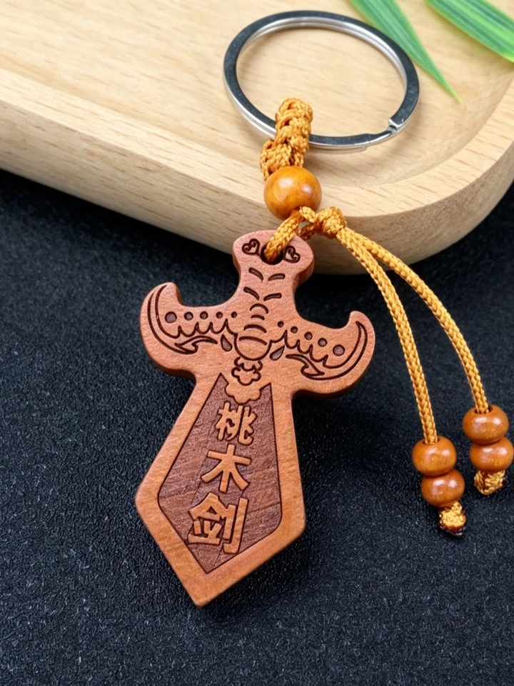 桃木製の平面彫刻カーキーリング【刀・剣・斧デザイン・お守り用】