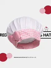 赤いギンガムチェックのシェフ帽子【可愛いリボン付き・コスプレ・料理用】