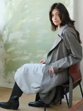 Herz 羊毛製 青灰色 トレンチコート【ユニセックス・中長丈・スリムフィット】