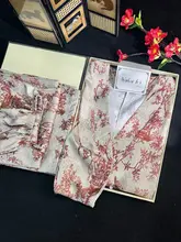 国風フラワープリントアイスシルクパジャマ【春夏用・通気性・快適・外出可能】（セットアップ対応）