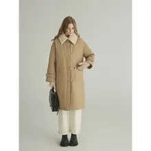 北欧スタイル 毛付き2トーン中長羽毛コート【軽量・翻领デザイン・レディース】