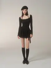 Mess Studio プリーツデザインの長袖黒ワンピース【秋向け・ゆったりシルエット】