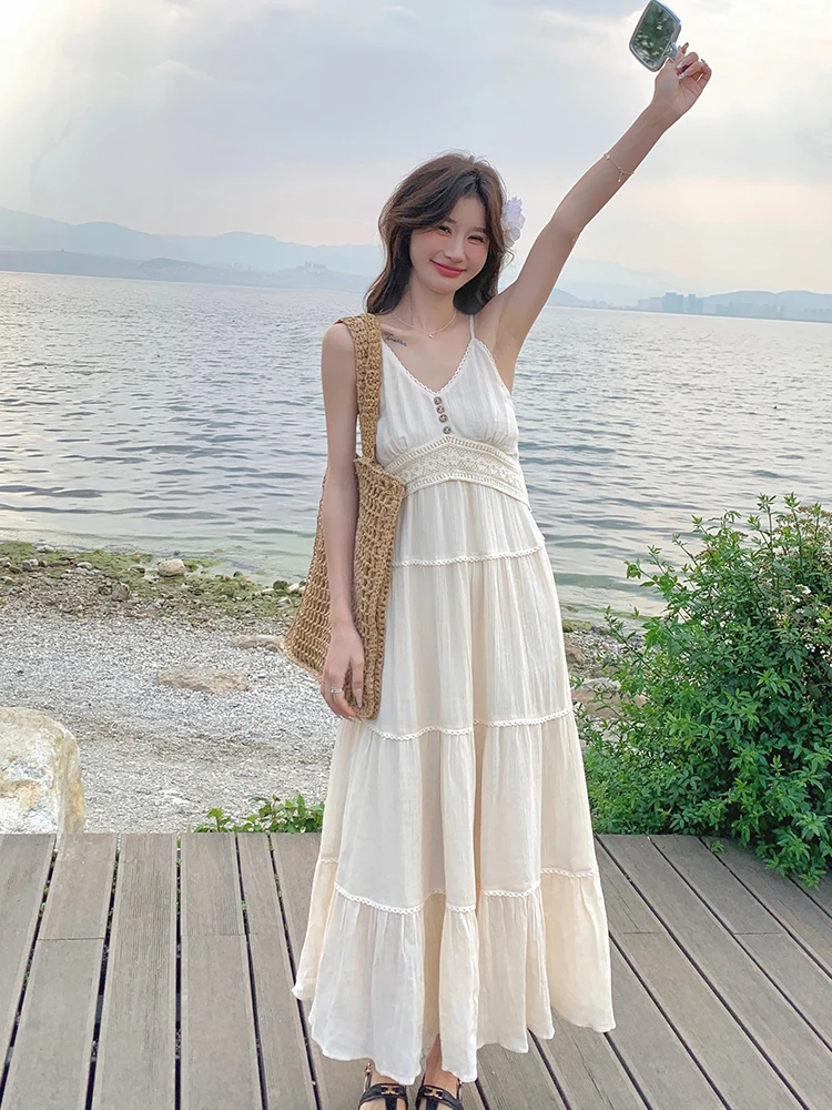 レース刺繍キャミソールワンピース【夏用・美しいデザイン・ロング丈】