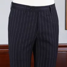 深藍色ストライプのスリムフィットパンツ【英国風・ロールアップデザイン】（セットアップ対応）