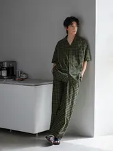 夏用 メンズルームウェア【薄手・半袖・長パンツ・純綿・リトロチェック柄・カーディガン風・外出可能】（セットアップ対応）