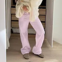 シンプルなデザインのピンクストライプ系帶カジュアルパンツ【・ロング丈】