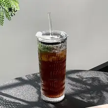 フタ付き 大容量透明ストローカップ【アイスコーヒー用・グラス飲料・おしゃれデザイン】