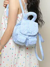 ミニリュック ガールズ 韓流 ブルーホワイトチェック柄 ギャザー 刺繍 ダブルポケット 手提げ ガーリー