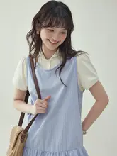 ブルーチェック風フラワーベールドレス【夏用・短袖・ショート丈・フェイクレイヤード】（セットアップ対応）