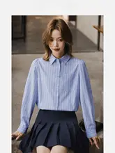 ブルーストライプのバルーンスリーブシャツ【春夏用・女性用・スリムフィット】