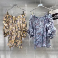 フランススタイルのオフショルダー 花柄パフスリーブシフォンブラウス【女性用・カラフルデザイン】