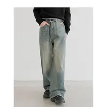 レトロブルーのストレートデニムパンツ【ゆったりサイズ・ウォッシュ加工・カジュアル】