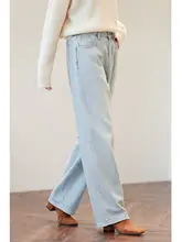 ヴィンテージ感のあるブルー デニム ワイドレッグパンツ【ハイウエスト・スリム効果・ロング丈】