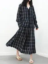 透け感のある色織り格子のシャツ ハイウエストプリーツスカート 春夏新作