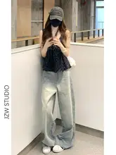 レトロな淡色のハイウエストワイドレッグデニムパンツ【フィット・ストレートシルエット】