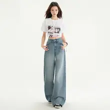 アメリカンビンテージ風のハイウエストワイドレッグデニムパンツ【夏用・涼しさ・したシルエット】