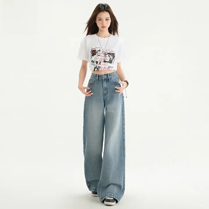 アメリカンビンテージ風のハイウエストワイドレッグデニムパンツ【夏用・涼しさ・したシルエット】