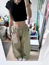 高身長向け カーキ色のウエストゴムパンツ【ハイウエスト・ワイドレッグ・スリム効果】