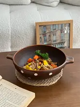 レトロなブラウンドットの両耳ボウル【粗陶製・デザート・フルーツ・サラダ・スープ用・贈り物にも】