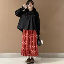 復古スタイルのドット柄花苞スカート【ウエストゴム・中丈・秋用・シワ加工】