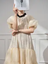 Plum Jan ドット柄パフスリーブワンピース【夏用・杏色・フレンチスタイル】