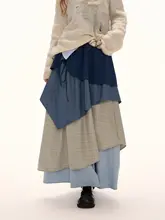 チェック柄の多層カラーブロックロングスカート【アメリカンカジュアル・秋用・ゆったりデザイン】