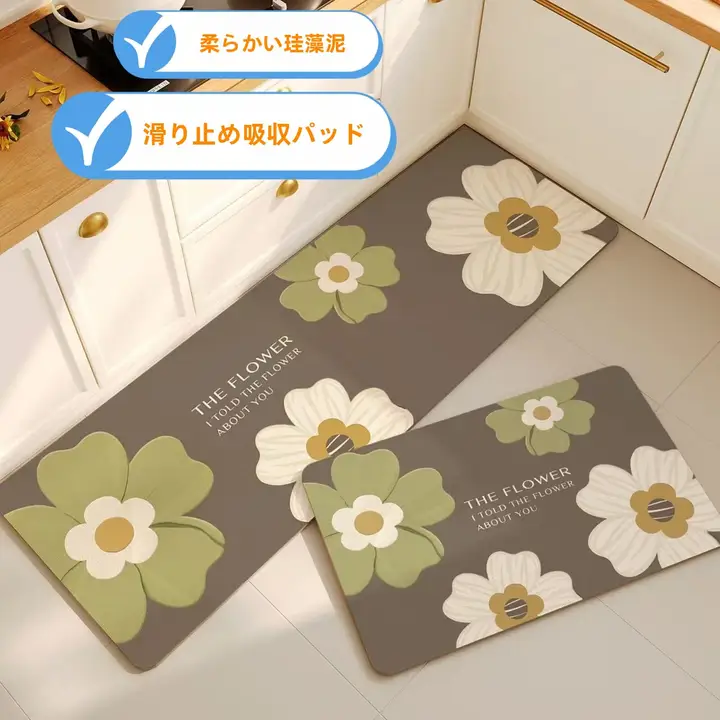キッチンマット【防滑・防油・水切り機能付き・汚れに強いシリカゲル製】