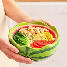 スイカデザインの陶器製丼ぶり【蓋付き・高級感のある食器】