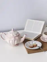 浮彫りデザインの陶器ティーポットセット【欧風・アフタヌーンティー・コーヒーカップと皿付き】
