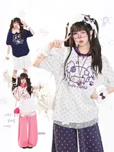 カートゥーンドットプリントのラウンドネック半袖Tシャツ【女性用・夏季・ゆったりシルエット】
