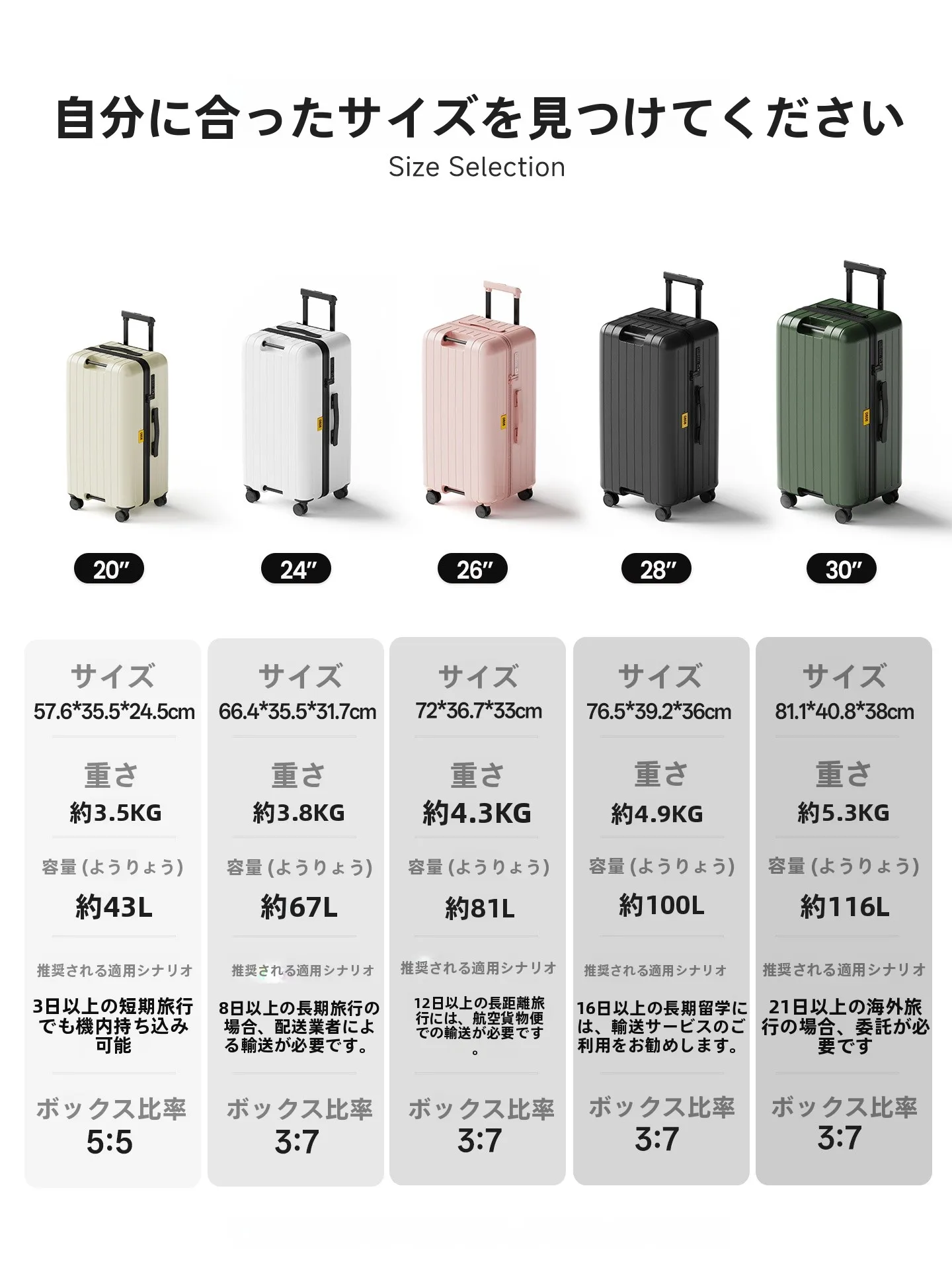 多機能スーツケース：45Lの大容量PC素材で海外旅行に最適なトランクバージョン