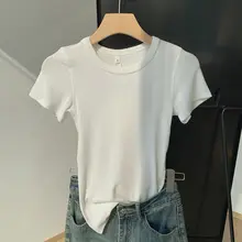 白色デザインの無地ショート丈フィットネスTシャツ【ウエストシェイプ・ショートスリーブ】