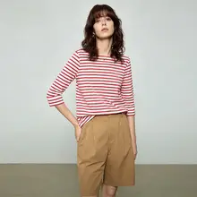 シンプルな七分袖ストライプTシャツ【春用・フランス風・オフショルダー】