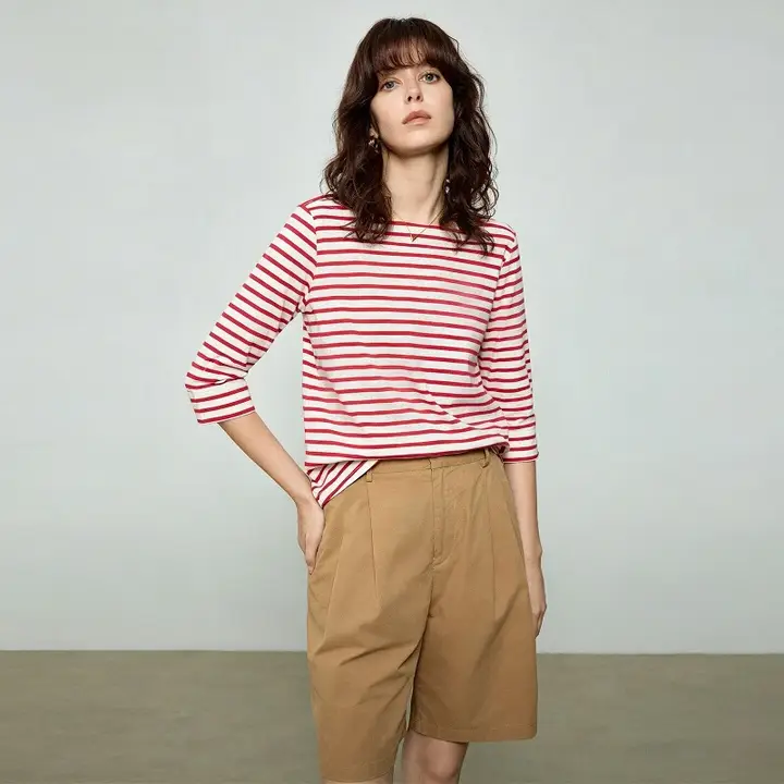 シンプルな七分袖ストライプTシャツ【春用・フランス風・オフショルダー】