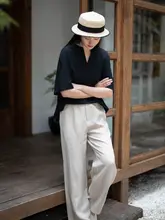 夏用ゆったりストレートパンツ【リネン混・ゴムウエスト・カジュアル】