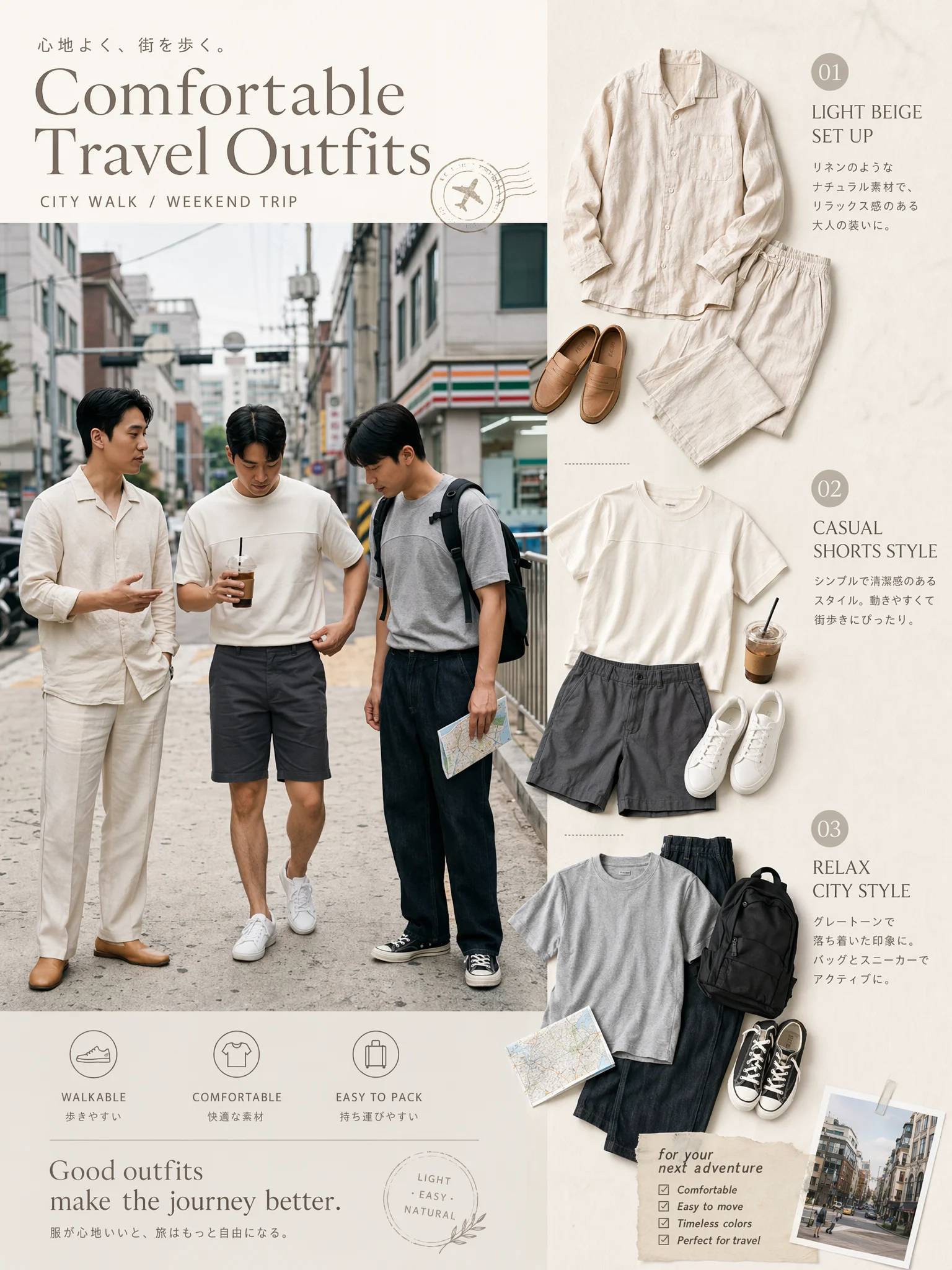 ダークウォッシュデニム、淡色Tシャツ、黒のバックパック、グレーTシャツ、淡色ワイドパンツ、ダークグレーのショーツを並べたコーディネート画像