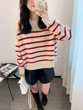 厚手ストライプデザインの100%純山羊毛セーター【ラウンドネック・ゆったりシルエット・女性用】