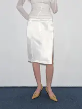 ミニスカート レディース アセテートサテン スリット ストレート ホワイト 着回し 秋物「GREEN BELT」