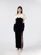 黒のスリットドレス【オフショルダー・ウエストマーク・ミディ丈】