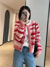 優美なグラデーションピンクストライプニットカーディガン【短袖・レディース・春用】