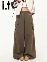 夏用 デザイン性のあるカーキ色デニムパンツ【フィット・ワイドレッグ・カーゴスタイル】