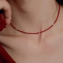 赤いビーズの超輝く尖晶石ネックレス【短丈・重ね着け・ロックボーン用・女性用】