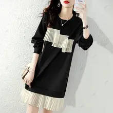 春秋用 バイカラー 長袖 クルーネック スリム感のあるゆったりとしたロングスウェット