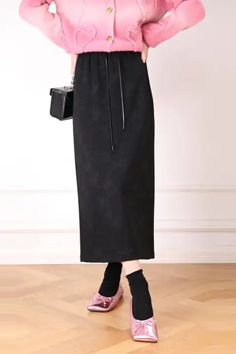 高腰ドローストリング付き長丈スカート【冬用・やさしい雰囲気・レトロ調・ゴムウエスト】
