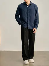 深い青の麻混紡長袖シャツ【カジュアル・秋用・襟付き】（セットアップ対応）