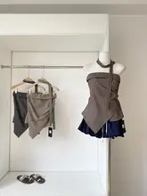 不規則ヘムデザインのオフショルダータンクトップ【レトロスタイル・ビッグシルエット・女性用】（セットアップ対応）