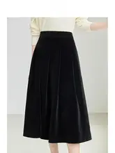 黒のベルベットウールハイウェスト膝丈スカート【Aライン・冬用・女性用】